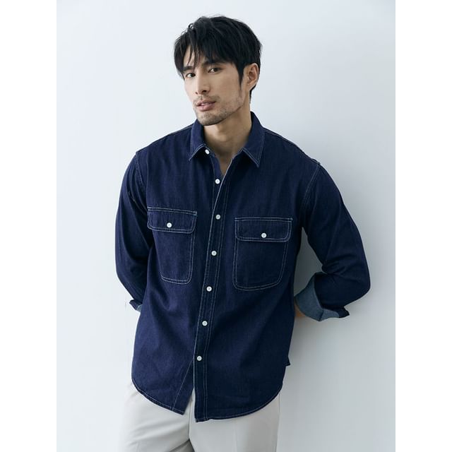 Dukakis-Long Sleeve Collared Denim Cargo Shirt