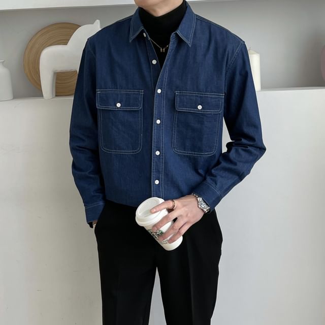 Dukakis-Long Sleeve Collared Denim Cargo Shirt