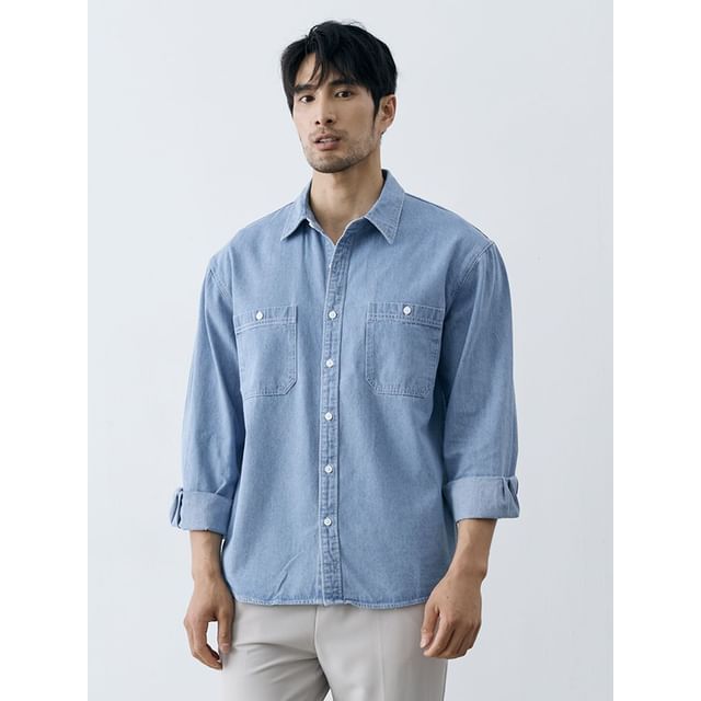 Dukakis-Long Sleeve Collared Washed Denim Shirt