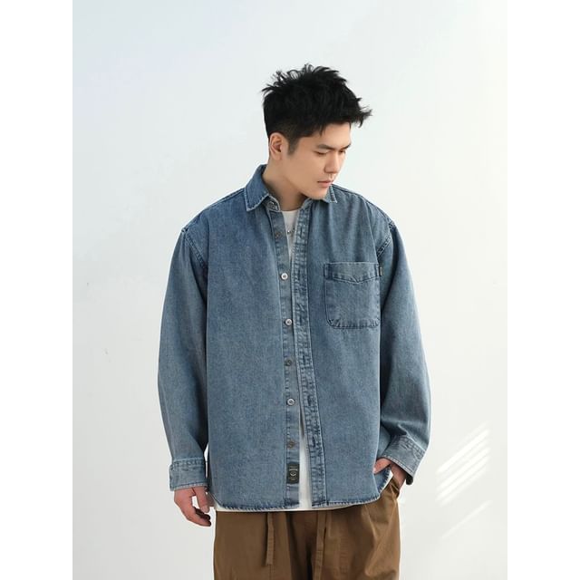 Dukakis-Long Sleeve Collared Washed Denim Shirt