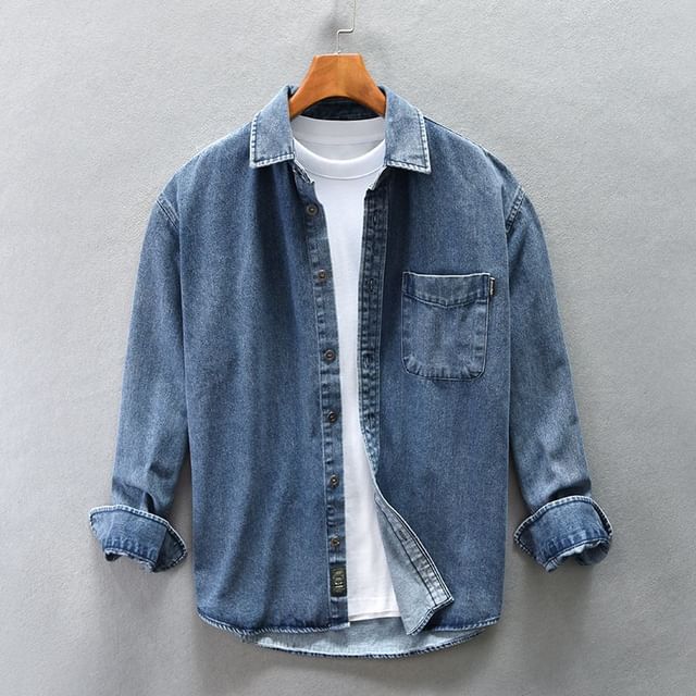 Dukakis-Long Sleeve Collared Washed Denim Shirt