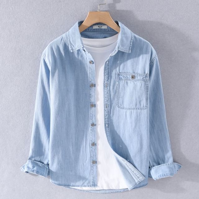 Dukakis-Long Sleeve Collared Washed Denim Shirt