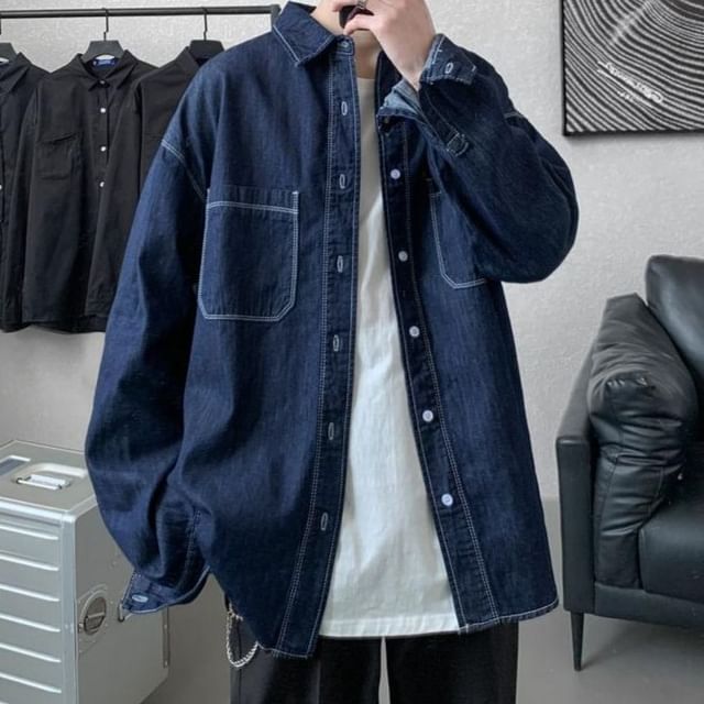 Dukakis-Long Sleeve Collared Washed Denim Shirt