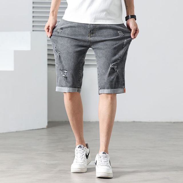 Dukakis-Mid Rise Washed Distressed Denim Shorts
