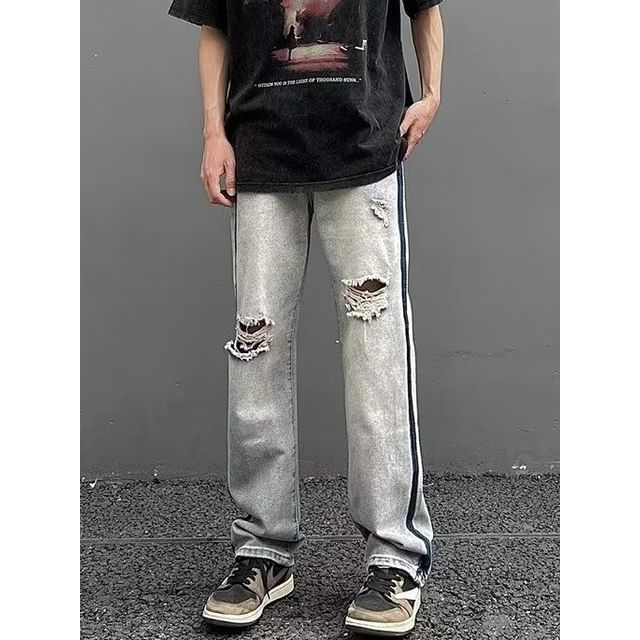 Dukakis-Mid Rise Washed Distressed Panel Straight Leg Jeans