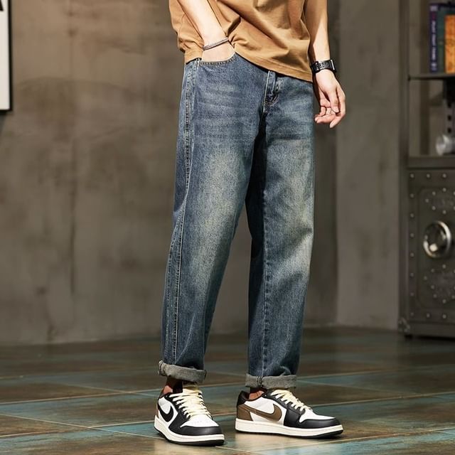 Dukakis-Mid Rise Washed Straight Leg Jeans