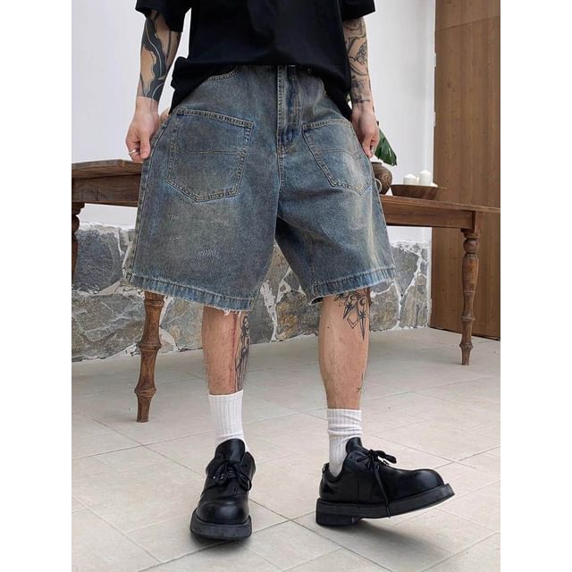 Dukakis-Mid Waist Washed Frayed Denim Shorts