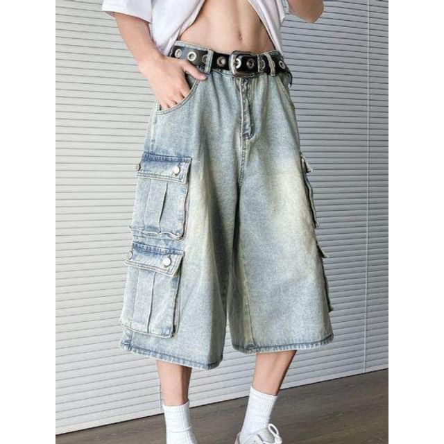 Dukakis-Mid Waist Washed Wide Leg Cargo Jorts
