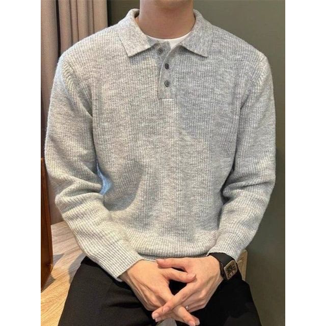 Dukakis-Plain Ribbed Knit Polo Sweater