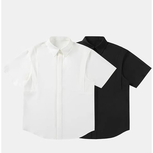 Dukakis-Short Sleeve Collared Plain Panel Shirt