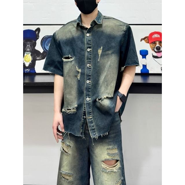 Dukakis-Short-Sleeve Distressed Denim Shirt