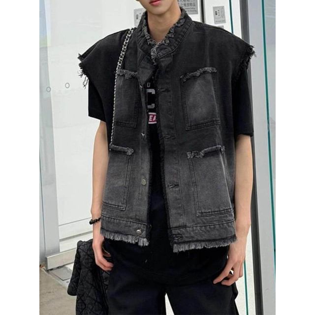 Dukakis-Stand Collar Button-Up Denim Vest