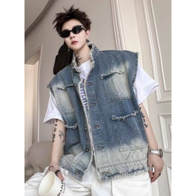 Dukakis-Stand Collar Button-Up Denim Vest