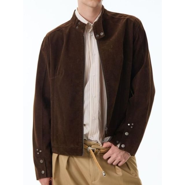 Dukakis-Stand Collar Plain Faux Suede Zip Jacket
