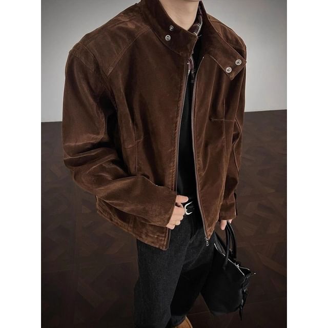 Dukakis-Stand Collar Plain Faux Suede Zip Jacket