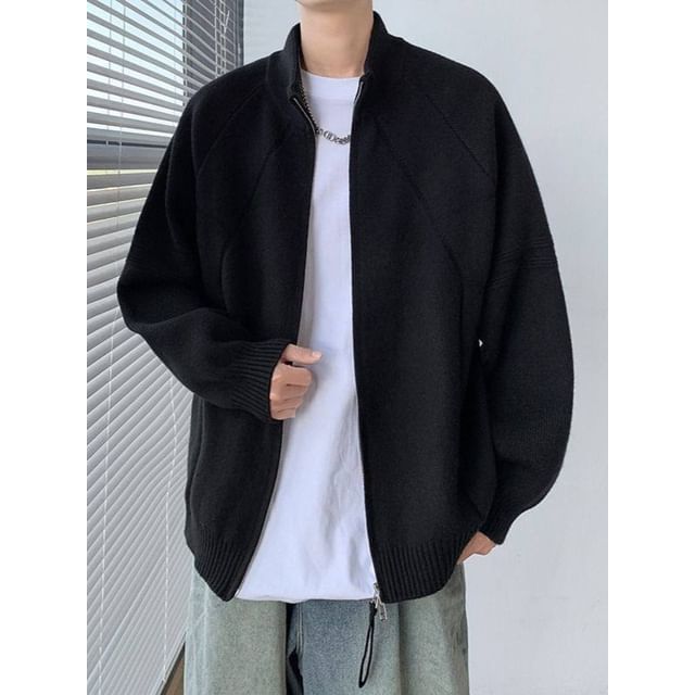 Dukakis-Stand Collar Plain Zip Cardigan