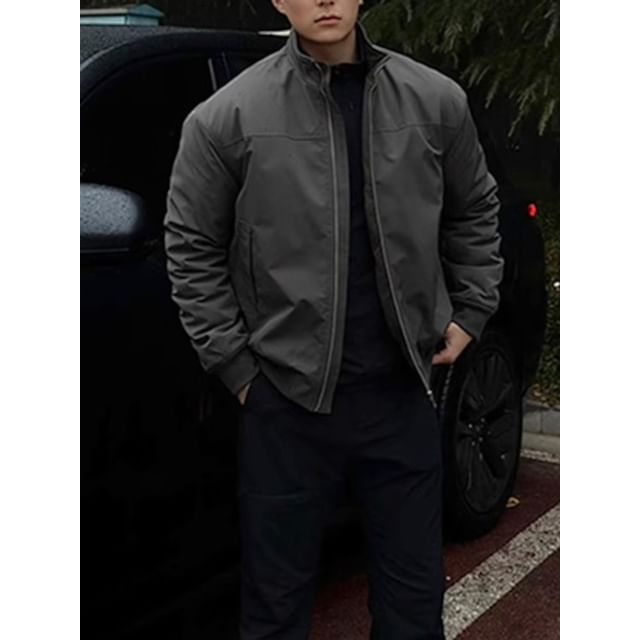 Dukakis-Stand Collar Plain Zip Jacket