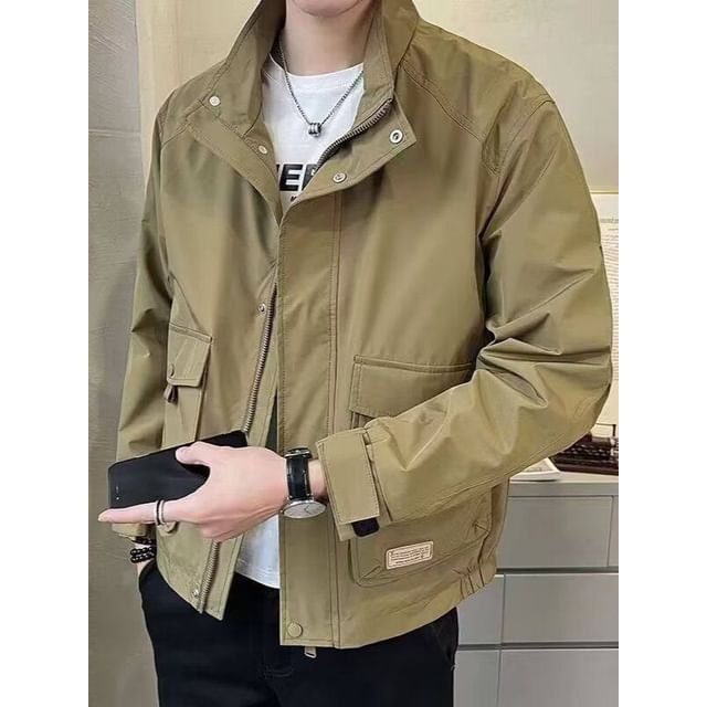 Dukakis-Stand Collar Plain Zip Jacket