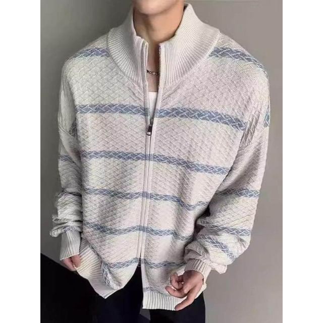 Dukakis-Stand Collar Striped Zip Cardigan