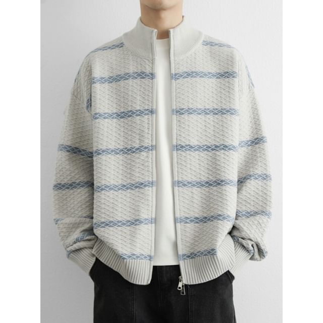 Dukakis-Stand Collar Striped Zip Knit Cardigan