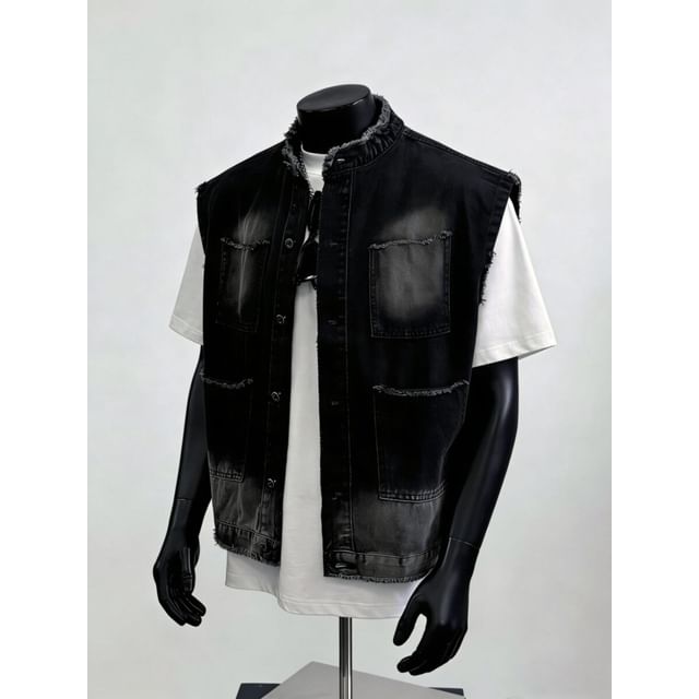 Dukakis-Stand Collar Washed Denim Vest