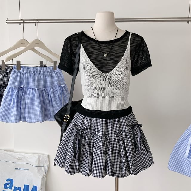 Dute-Elastic Waist Plaid Bubble Mini A-Line Skirt