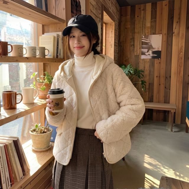 Dute-Hooded Plain Fleece Button Up Jacket