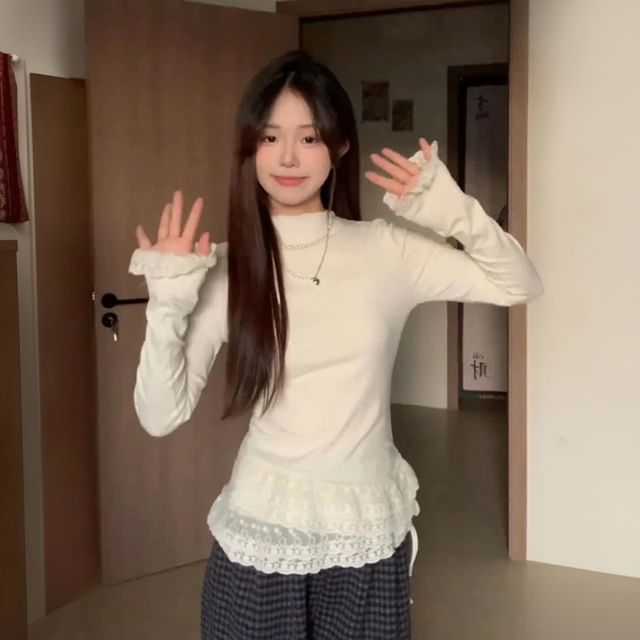Dute-Long Sleeve Mock Neck Plain Panel Lace Top