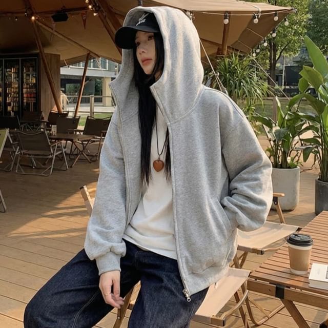 Dute-Plain Fleece Lined Zip Hoodie