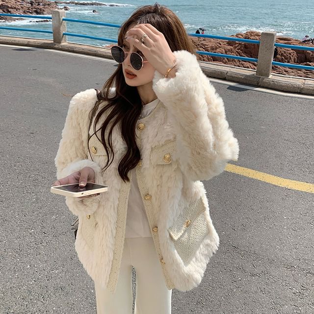 Dute-Round Neck Plain Fleece Button Up Jacket