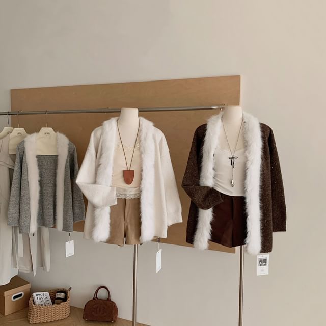 Dute-Sequin Fluffy Trim Open Front Cardigan