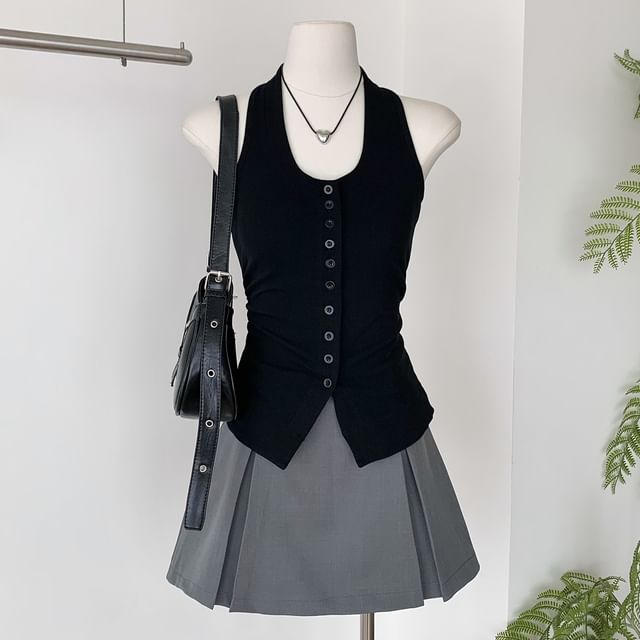 Dute-Set Halter Neck Button-Up Plain Top High Waist Pleated Mini A-Line Skort Belt