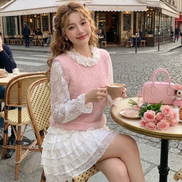 Dute-Set Long-Sleeve Round Neck Plain Lace Top Round Neck Fluffy Sweater Vest