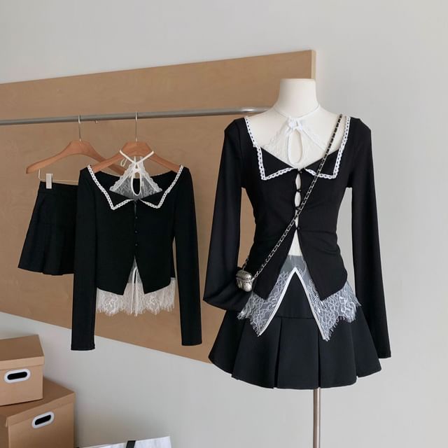 Dute-Set Mock Two-Piece Long-Sleeve Halter Lace Panel Button Knit Top High Waist Plain Pleated Mini A-Line Skirt