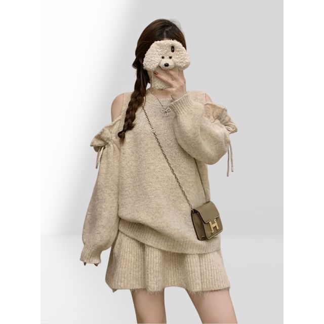 Dute-Set Round Neck Cold-Shoulder Melange Drawstring Sweater Mini A-Line Knit Skirt
