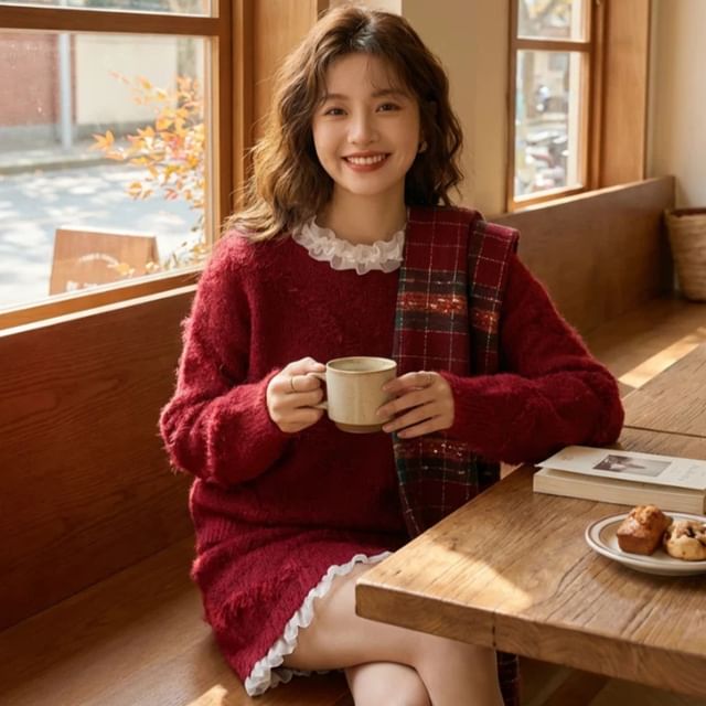 Dute-Set Round Neck Plain Ruffle Trim Sweater High Rise Mini A-Line Skirt