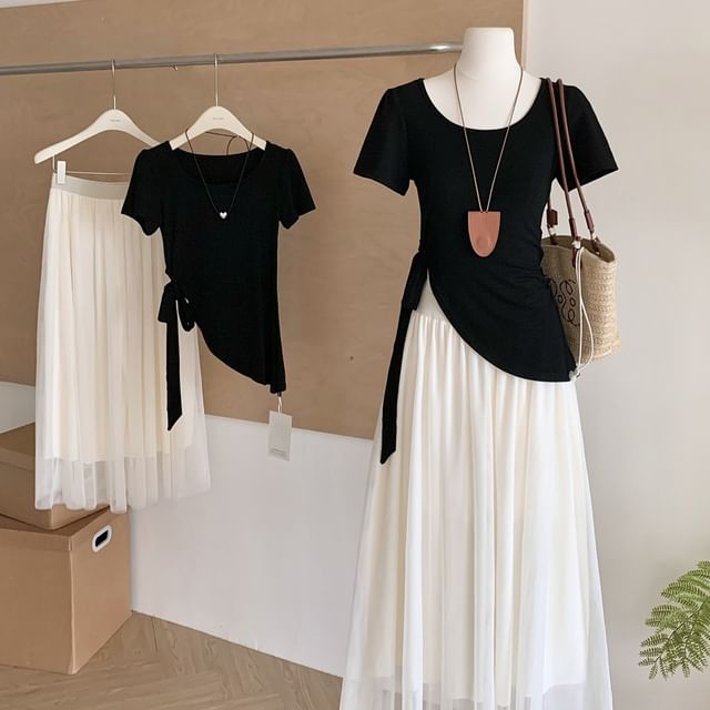 Dute-Set Short-Sleeve Round Neck Plain Asymmetrical Tee High Rise Plain Maxi A-Line Skirt