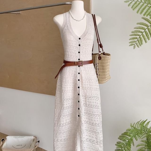 Dute-Set Sleeveless V-Neck Perforated Button-Up Plain Maxi A-Line Knit Dress Belt