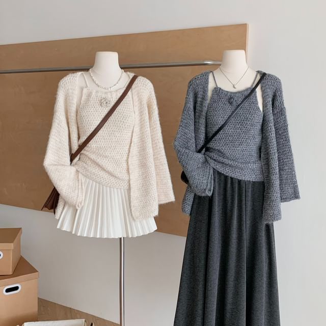 Dute-Set Spaghetti Strap Plain Knit Camisole Top Plain Cardigan