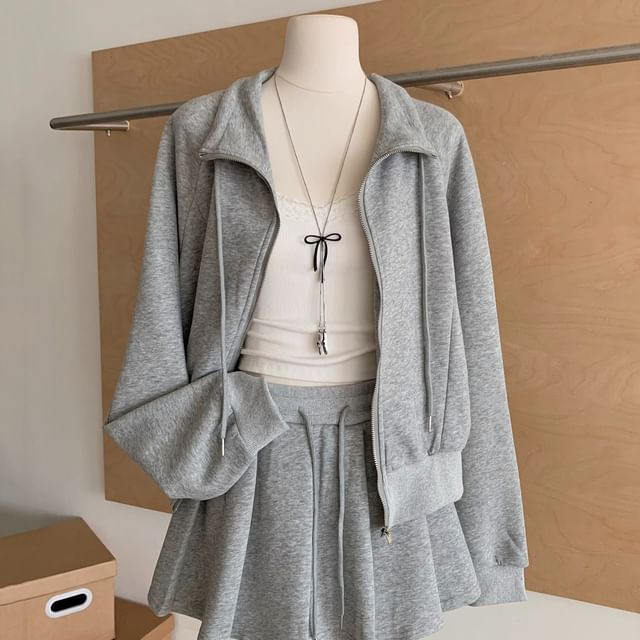 Dute-Set Stand Collar Drawstring Zip Jacket Drawstring Waist Pleated Skort