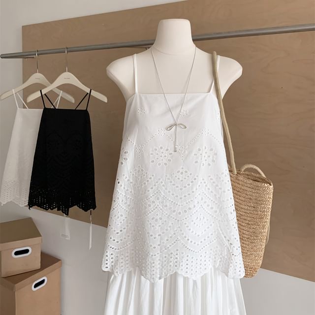 Dute-Spaghetti Strap Plain Pointelle Camisole Top
