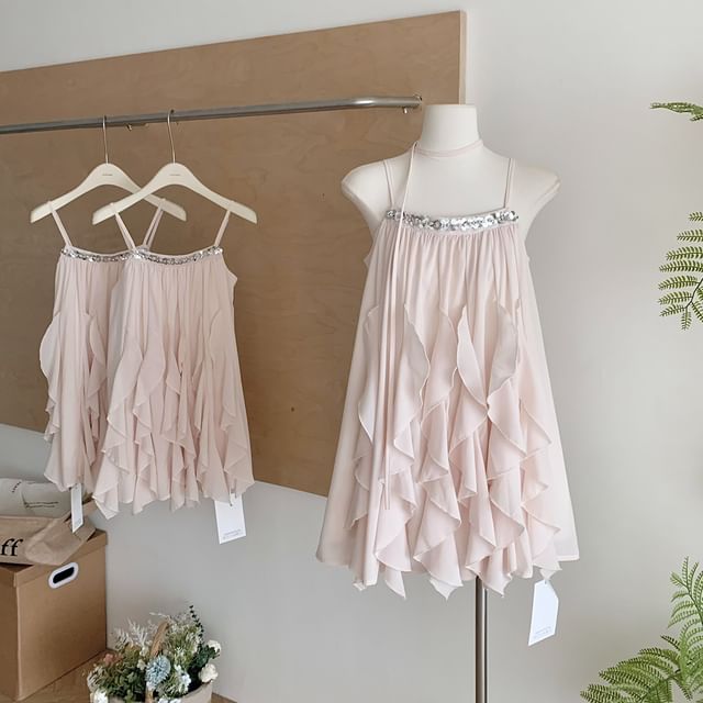 Dute-Spaghetti Strap Ruffle Trim Mini A-Line Dress