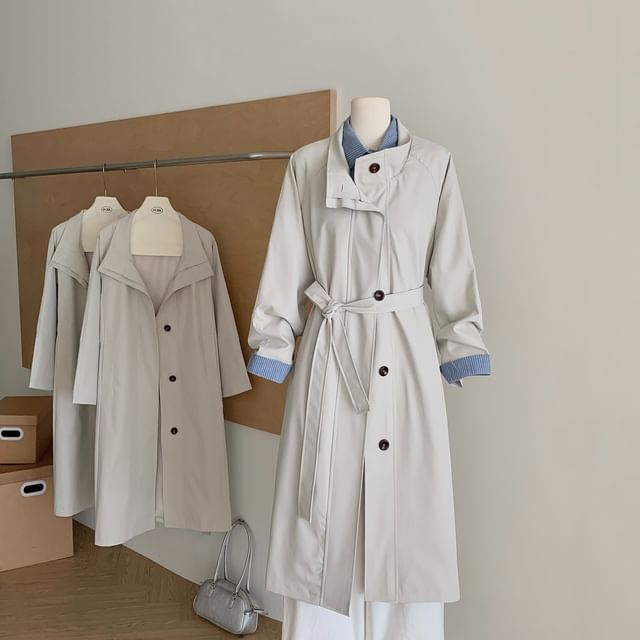 Dute-Stand Collar Plain Midi Sashed Single-Breasted Trench Coat