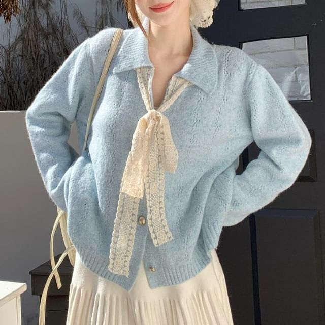 Duwnie-Collared Lace Panel Perforated Button-Up Cardigan