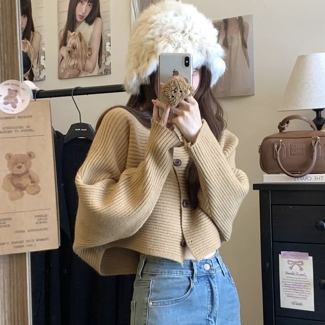 Duwnie-Crew Neck Button-Up Plain Crop Cardigan