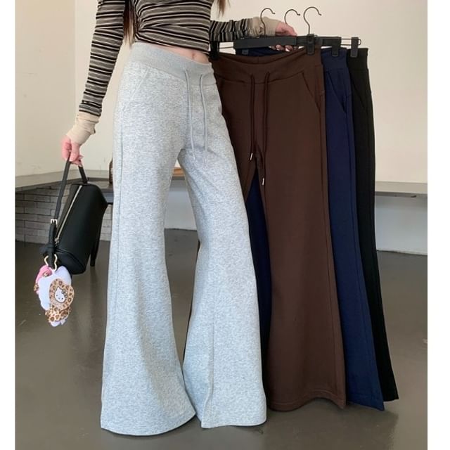 Duwnie-Drawstring Waist Plain Flared Sweatpants