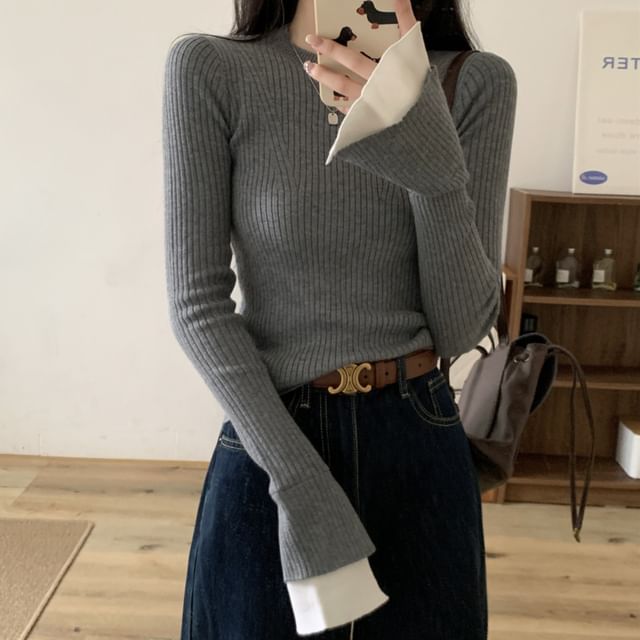 Duwnie-Long-Sleeve Round Neck Plain Ribbed Knit Top