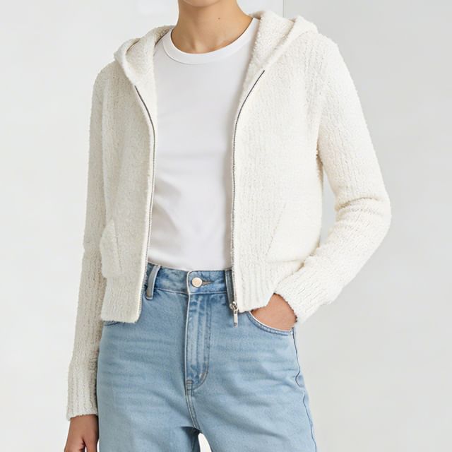 Duwnie-M Plain Zip-Up Crop Knit Hoodie
