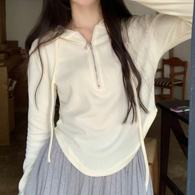 Duwnie-Plain Half-Zip Crop Hoodie