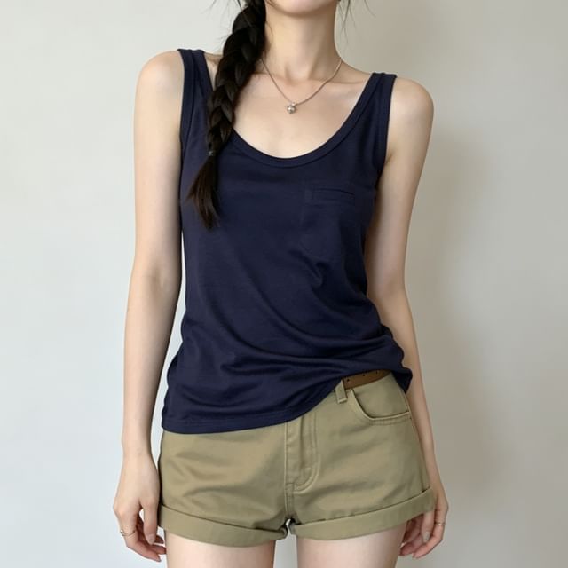 Duwnie-Scoop Neck Plain Pocketed Tank Top